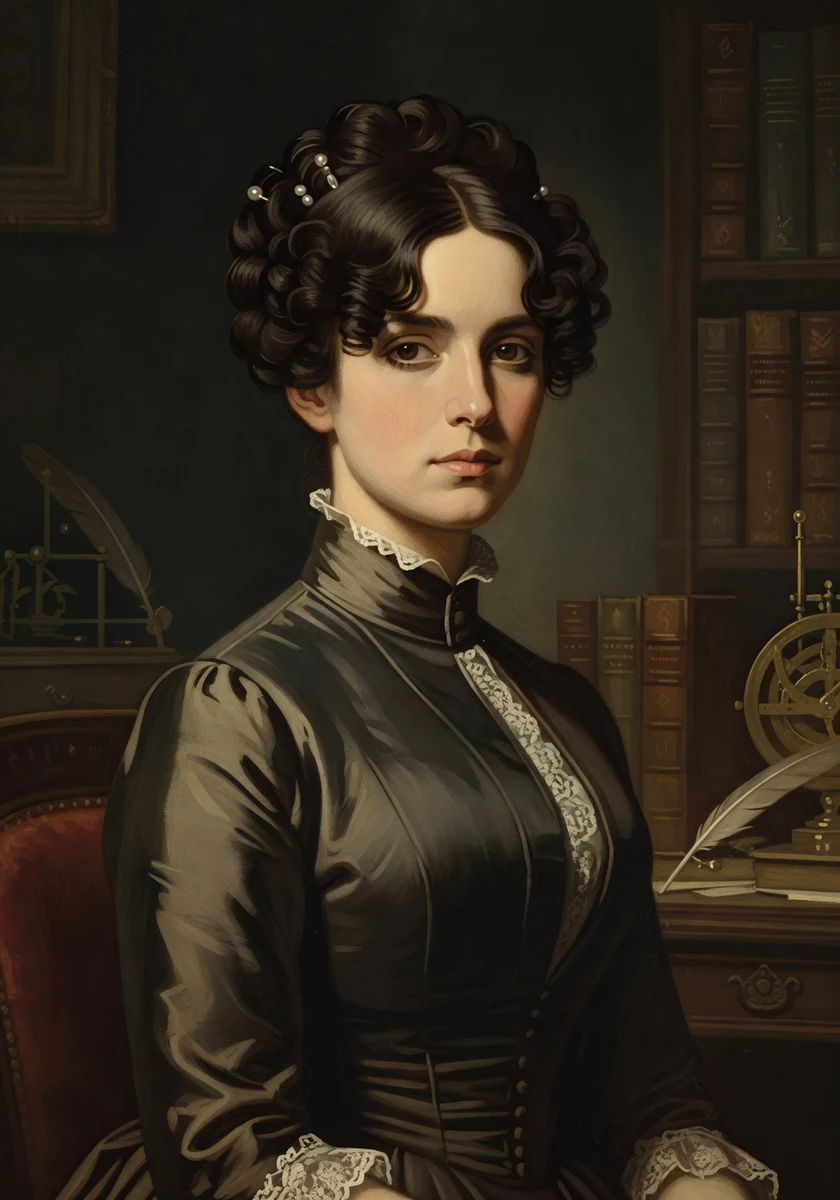 AI-generated creative historical interpretation of Ada Lovelace in a dark study, wearing a high-collared black dress.