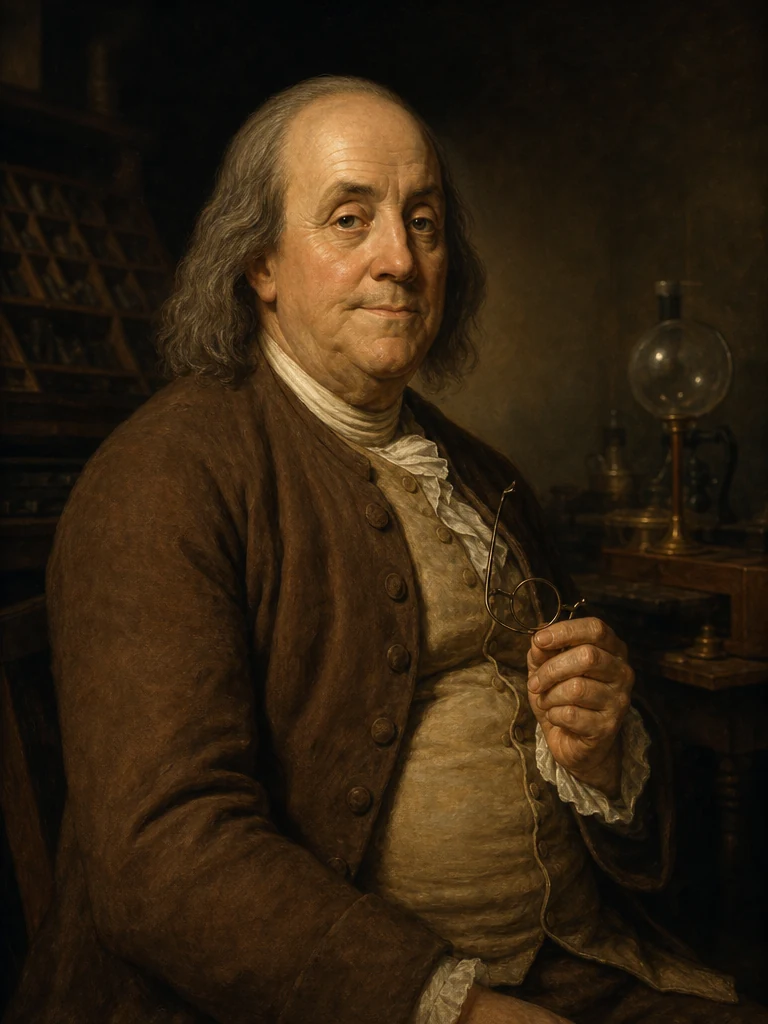 AI-generated creative historical interpretation of Benjamin Franklin in a brown coat, holding spectacles in a dim workshop.