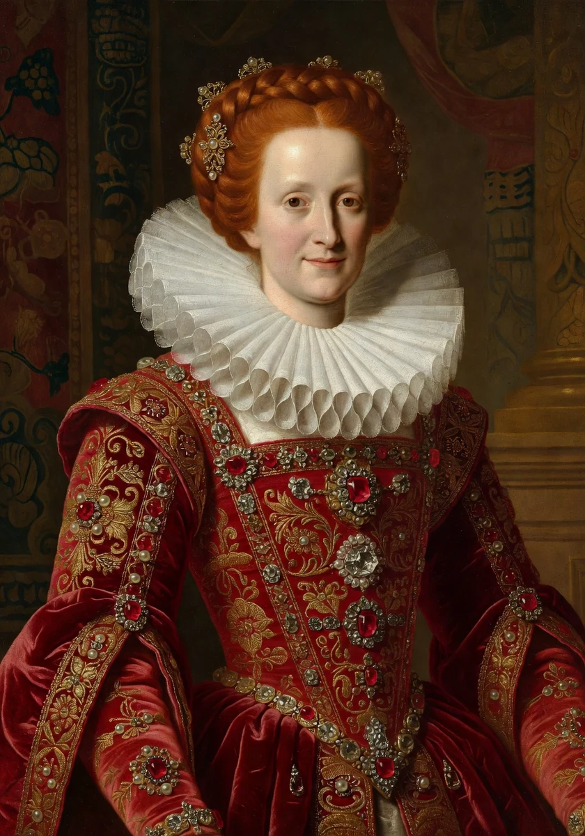 AI-generated creative historical interpretation of Elizabeth I in a red embroidered gown and white ruff.