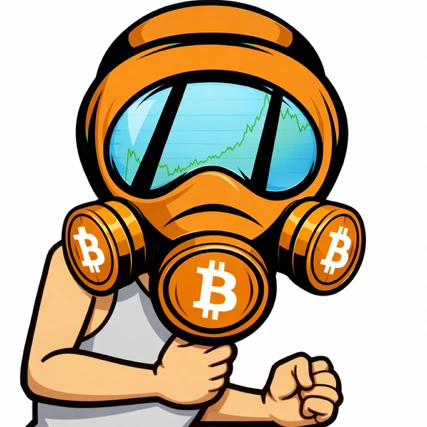 Stylized cartoon figure wearing an orange Bitcoin respirator mask with three Bitcoin-symbol filters and a blue market-chart visor, raising a clenched fist.