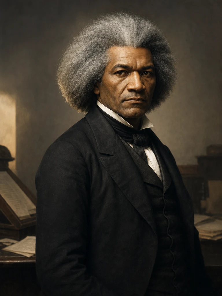 AI-generated creative historical interpretation of Frederick Douglass with swept gray hair and a dark formal suit.