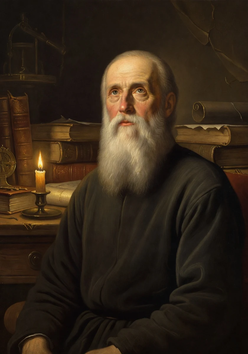 AI-generated creative historical interpretation of Galileo Galilei, white-bearded and seated beside books and a candle.