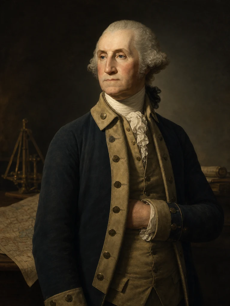 AI-generated creative historical interpretation of George Washington in a dark blue Continental-era coat beside surveying instruments.