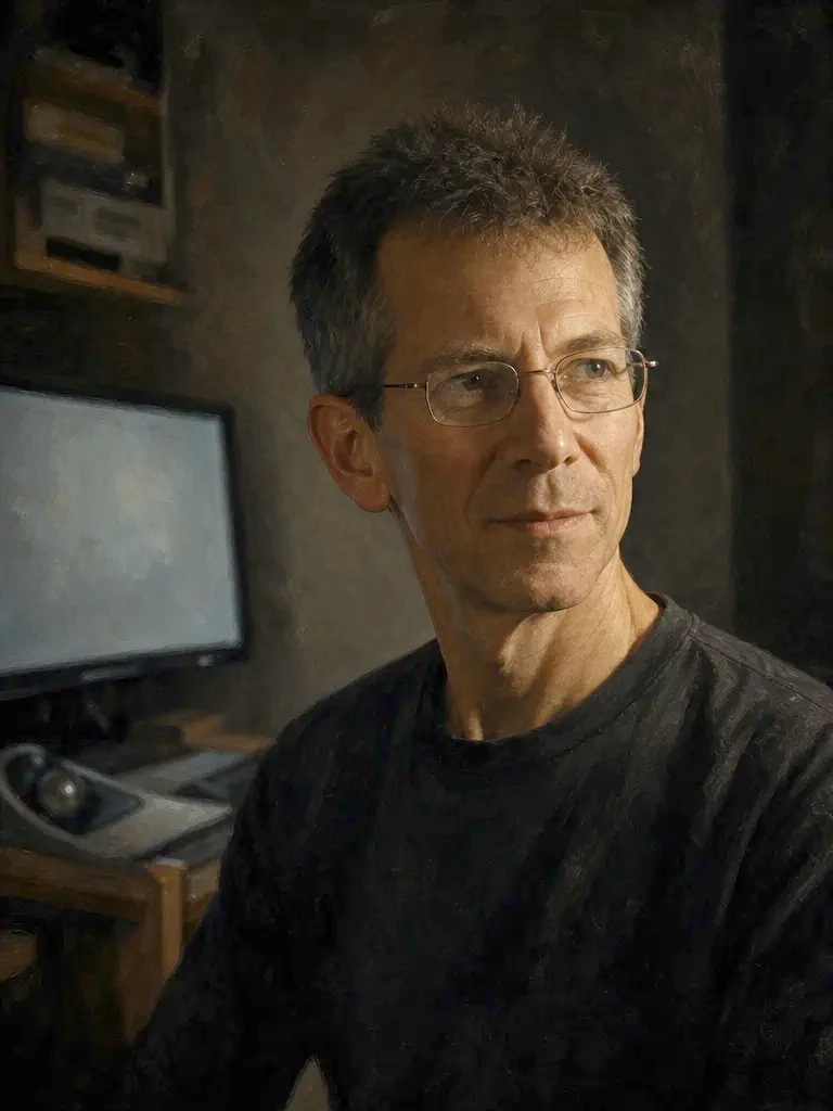 AI-generated creative historical interpretation of Hal Finney with short graying hair and glasses in a dim engineering workspace.