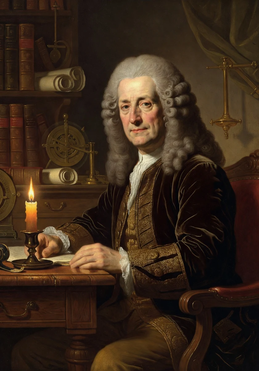 AI-generated creative historical interpretation of Isaac Newton in a dark coat, seated at a candlelit desk.