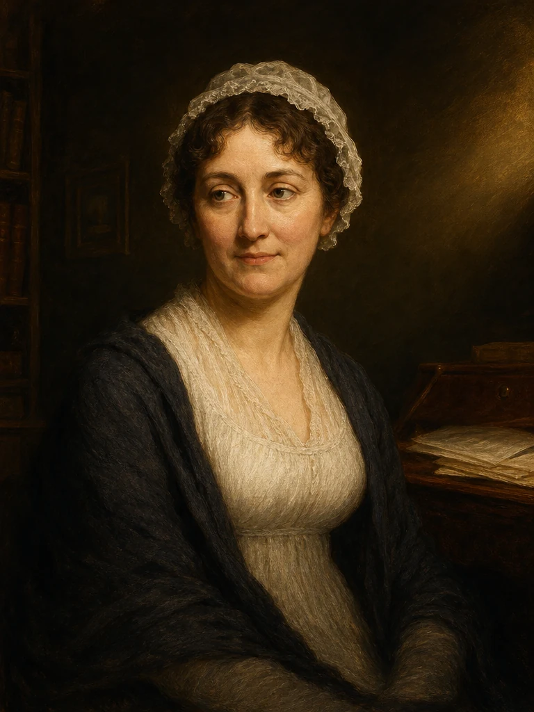 AI-generated creative historical interpretation of Jane Austen in a modest cap and dark shawl beside a writing desk.