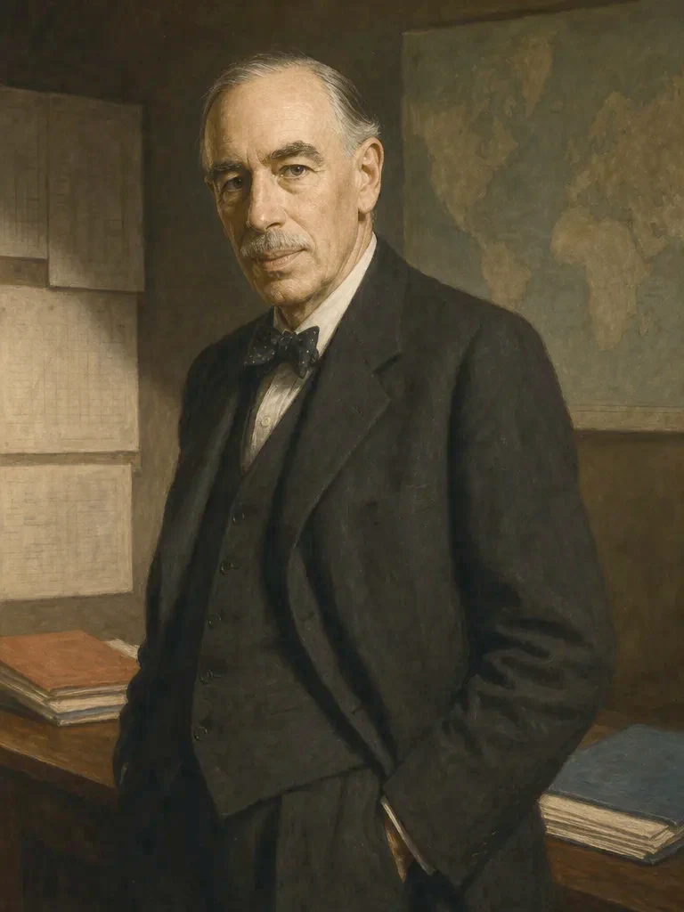 AI-generated creative historical interpretation of John Maynard Keynes in a dark 1940s suit and bow tie beside an unmarked world map.