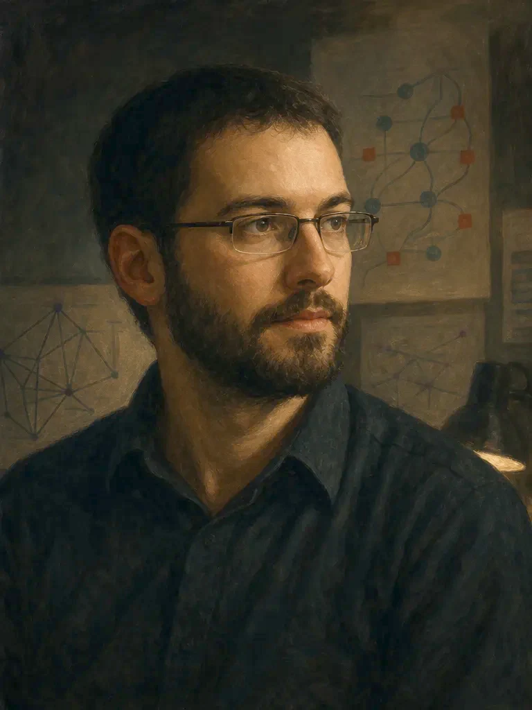 AI-generated creative historical interpretation of Len Sassaman with short dark hair, a beard, and glasses in a dim research workspace.