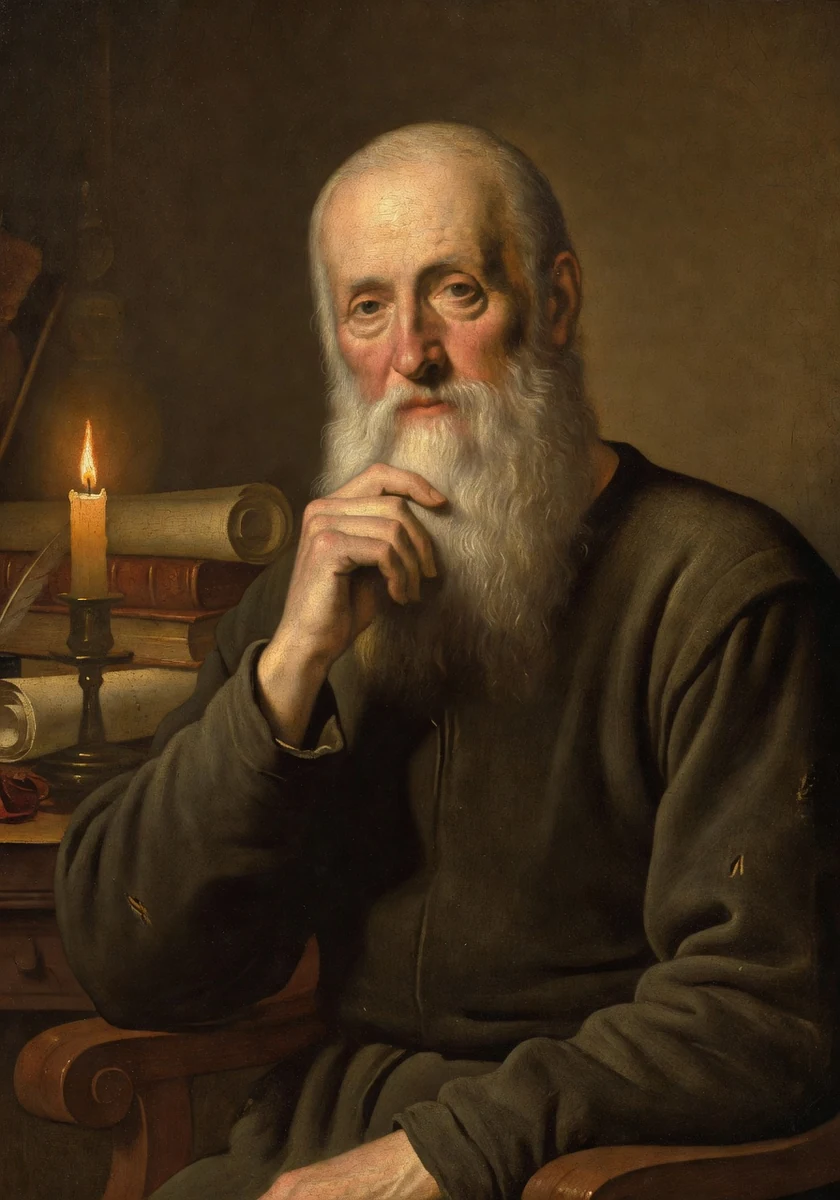 AI-generated creative historical interpretation of Leonardo da Vinci, white-bearded with one hand raised in thought.