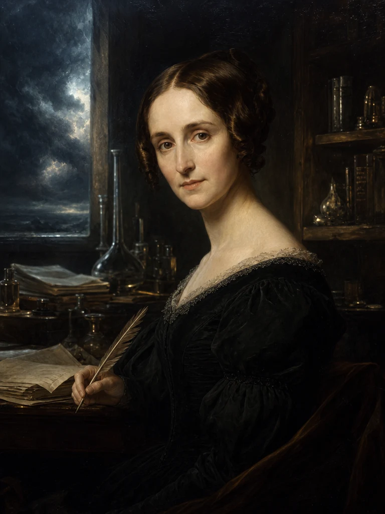 AI-generated creative historical interpretation of Mary Shelley in a black period dress at a storm-lit writing desk.