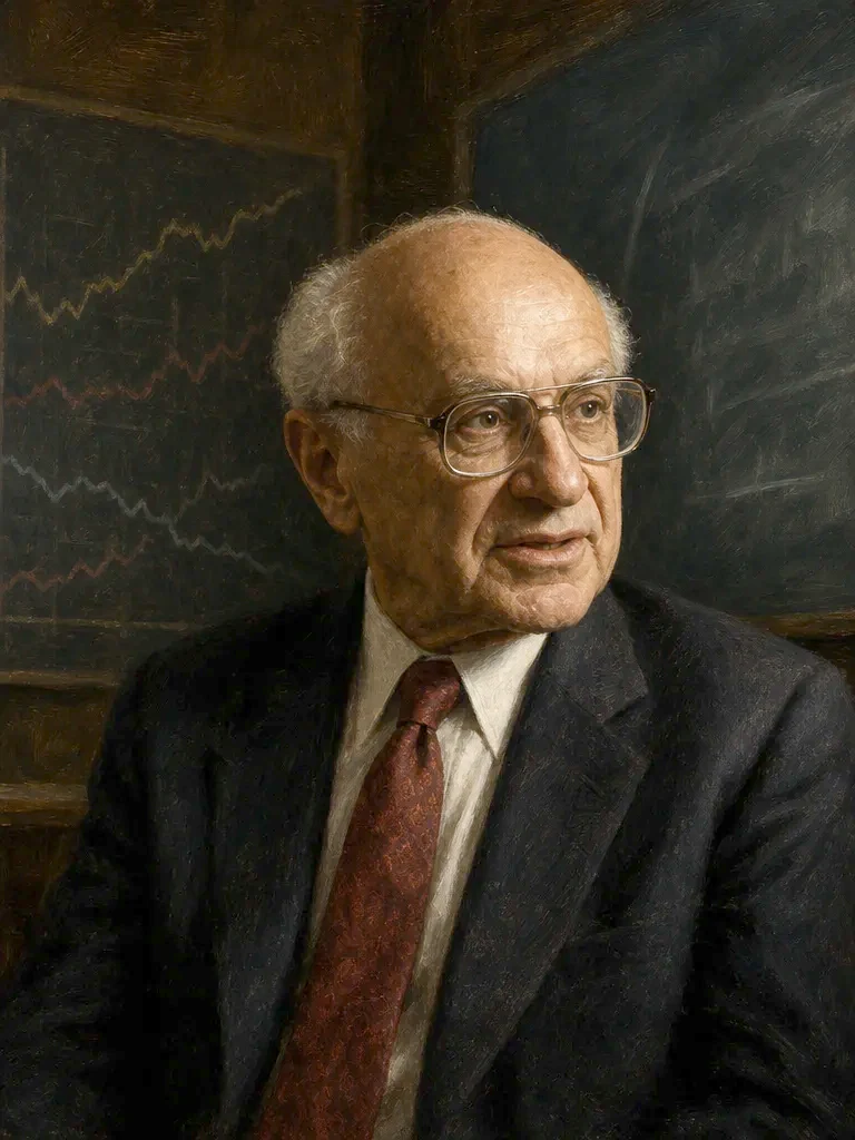 AI-generated creative historical interpretation of Milton Friedman in a dark suit and large glasses before an abstract economics chalkboard.