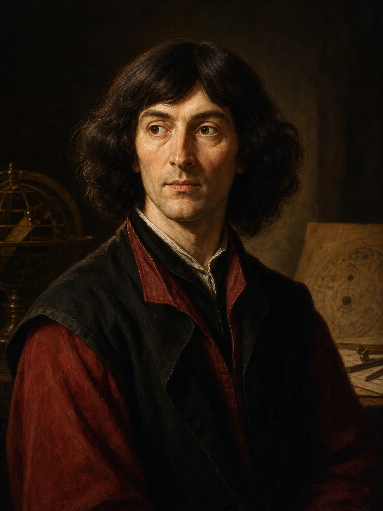 AI-generated creative historical interpretation of Nicolaus Copernicus in a red-and-black scholar’s robe beside astronomical notes.