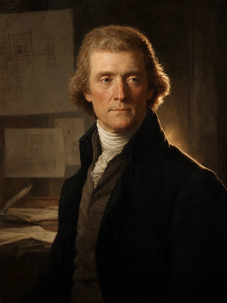 AI-generated creative historical interpretation of Thomas Jefferson in a dark period coat in an architectural study.