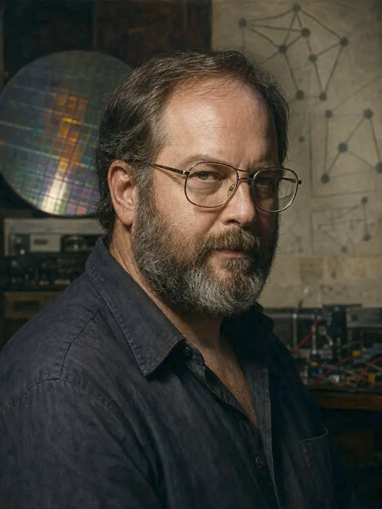 AI-generated creative historical interpretation of Timothy C. May with a graying beard and glasses in a dim semiconductor workshop.